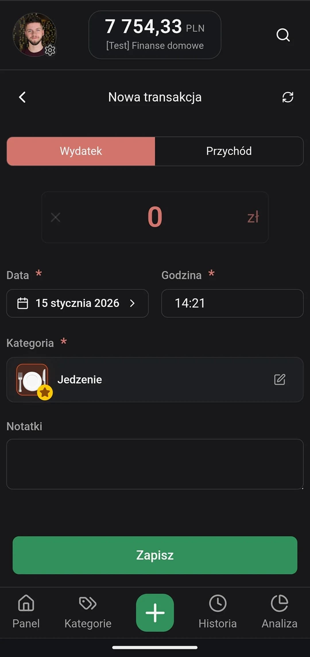 Formularz dodawania transakcji z kalkulatorem i wyborem kategorii
